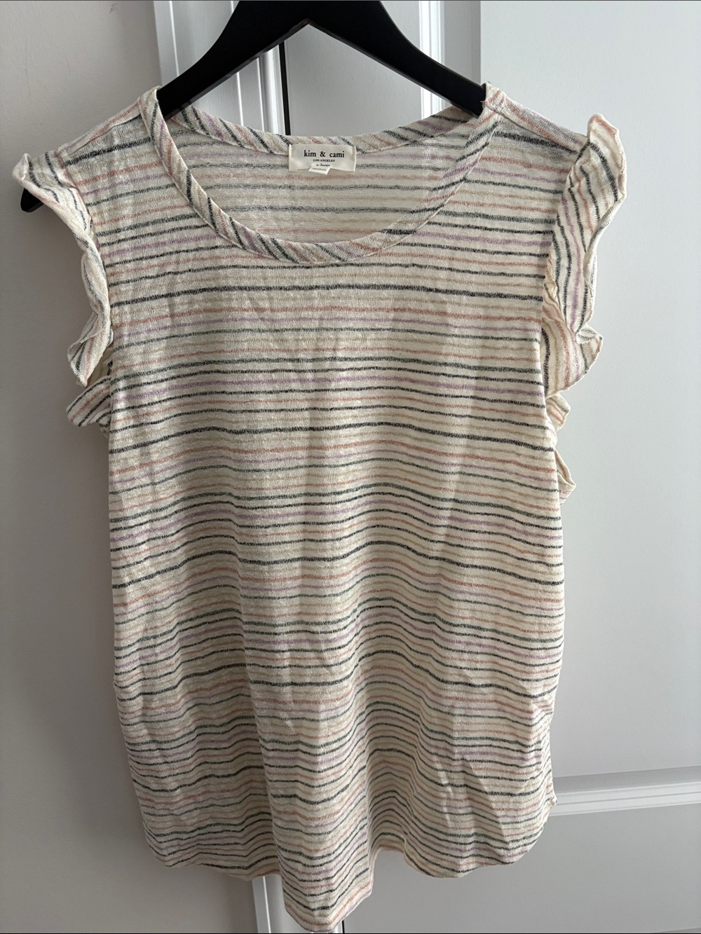 Kim & Cami Cream Tee with Pastel Stripes and Ruffle Sleeves